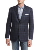 Heathered Windowpane Check Two-Button Sport Coat, Navy