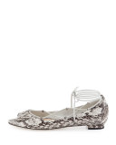 Aneska Snakeskin Lace-Up Open-Toe Flat, Natural