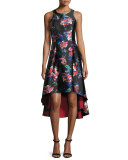 Sleeveless Floral Satin High-Low Dress, Garnet/Multicolor