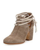 Sabine Suede Ankle-Wrap Bootie, Beige