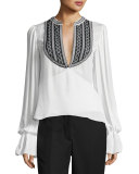 Embroidered Long-Sleeve Wrap Blouse, White/Black