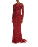 Long-Sleeve Illusion Lattice Gown, Scarlet Red