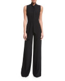 Sheryl Tie-Neck Wide-Leg Jumpsuit, Black