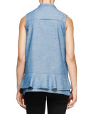 Sleeveless Double-Hem Chambray Tunic, Blue