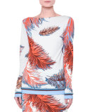 Maryln Long-Sleeve Feather-Print Top, Blue/Multi