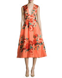 Floral Sleeveless V-Neck Midi Dress, Salmon/Multi