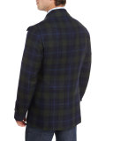 Plaid Wool-Cashmere Pea Coat, Navy/Green