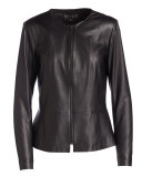 Jewel-Neck Leather Peplum Jacket, Black
