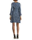 Mixed-Print 3/4-Sleeve Flutter Dress, Navy
