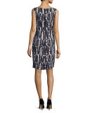 Linear Geometric-Print Sheath Dress, White