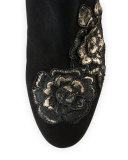Winona Floral-Appliqué Ankle Boot, Black/Gold
