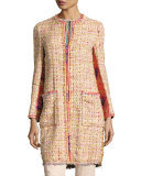 Brocade-Panel Tweed Coat, Peach