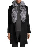 Belted Fur-Trim Wrap Coat, Black