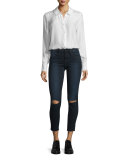 Ruffle-Cuff Silk Blouse, Blanc