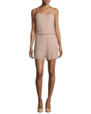 Mika Sleeveless Beaded Silk Romper, Tan