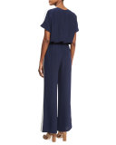 Colorblock Track-Stripe Silk Wide-Leg Jumpsuit, Blue
