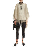 Metallic Linen-Blend Fringe Poncho, Olive