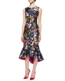 Abstract Floral-Print High-Low Flounce Hem Dress