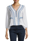 Loreto Embroidered Silk Blouse, Cream