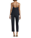 Rosette Sleeveless Ruffled Gabardine Top, Navy