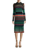 Long-Sleeve Ripple-Stitch Midi Dress, Coral