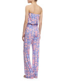 Tia Strapless Printed Jumpsuit, Iris Blue 