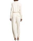 Long-Sleeve Collared Stretch Crepe Jumpsuit, Porcelain