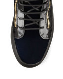 Men's Velvet High-Top Sneaker with Golden Bar, Navy