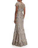 Short-Sleeve Floral Jacquard Mermaid Gown 