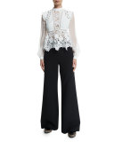 Floral-Lace Long-Sleeve Top, Cream