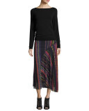 Blanket-Print Seamed Midi Skirt, Black/Multi 