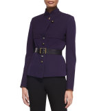 Long-Sleeve Belted Trench Jacket, Dark Purple