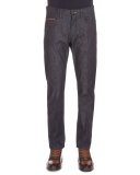 Stretch Denim Jeans with Leather Detail, Indigo