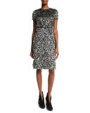 Ocelot Short-Sleeve Animal-Print Feathered Dress
