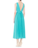 Ryn Pleated Chiffon V-Neck Midi Dress, Turquoise