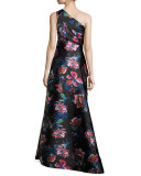 One-Shoulder Floral Satin Gown, Garnet/Multicolor