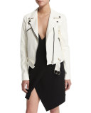 Belted Zip-Front Leather Jacket, White