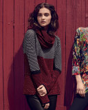 Colorblock Birdseye-Knit Sweater w/ Removable Scarf