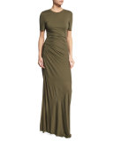 Laila Short-Sleeve Ruched Maxi Dress, Army