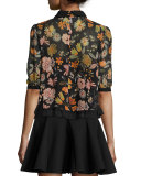 Floral Half-Sleeve Tie-Neck Blouse, Black
