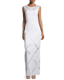 Sleeveless Grid-Print Column Gown, White