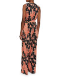 Sleeveless Bird-Print Wide-Leg Jumpsuit, Black/Red