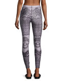 Skull Lace Printed Performance Leggings, Black/Pink