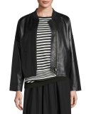 Drop-Shoulder Leather Bomber Jacket, Black