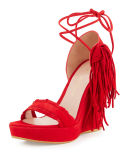 Pompom Fringe Ankle-Tie Wedge Sandal