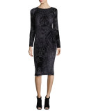 Long-Sleeve Velvet Tattoo Burnout Dress, Black