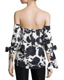 Elena Off-the-Shoulder Floral Stretch Ottoman Top, Blue/White