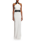 Lace-Appliqué Column Gown, Ivory/Black