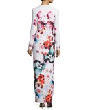 Floral Long-Sleeve Front-Slit Gown, Multi