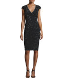 Cap-Sleeve Sequined Cocktail Sheath Dress, Black